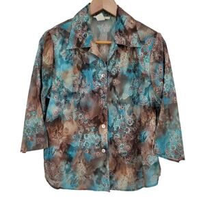 Vintage Dressbarn Floral Top Artsy Watercolor Brown Blue‎ 90s Layered Size PM